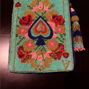 Anthropologie Multicolor Beaded Clutch Ace of Spades Design with Tassel Like New